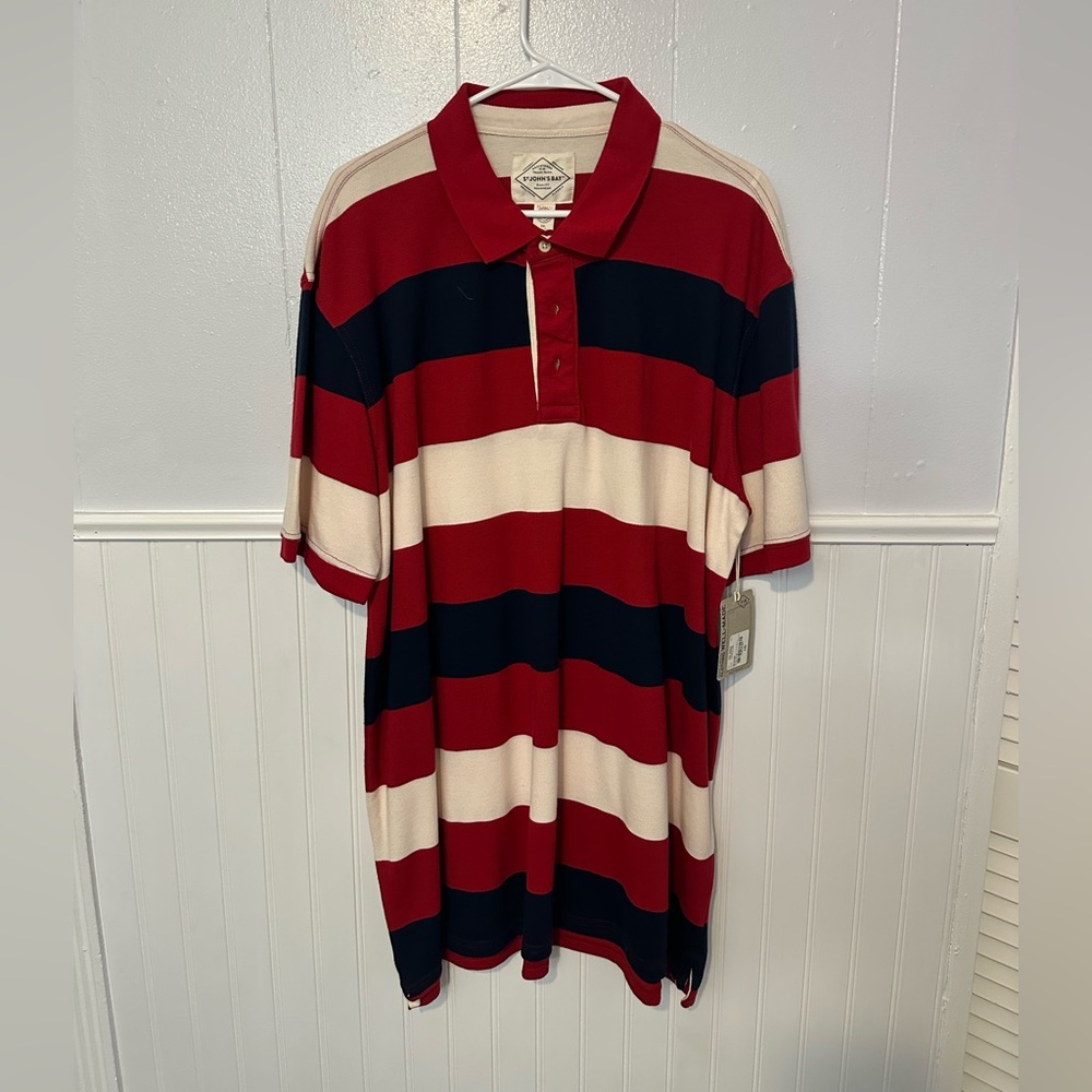 NWT St. John's Bay Mens XL Legacy Polo Short Sleeve Striped Maroon Blue White